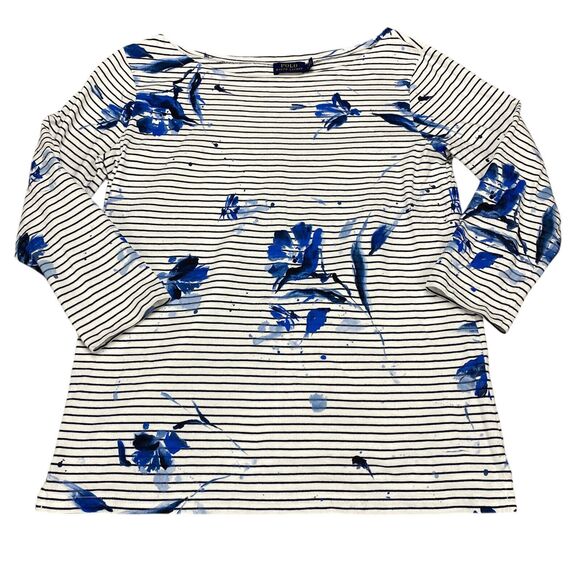 Polo Ralph Lauren Top Women's Medium White Blue Flowers and Stripes 3 /4 Sleeves - Picture 12 of 16